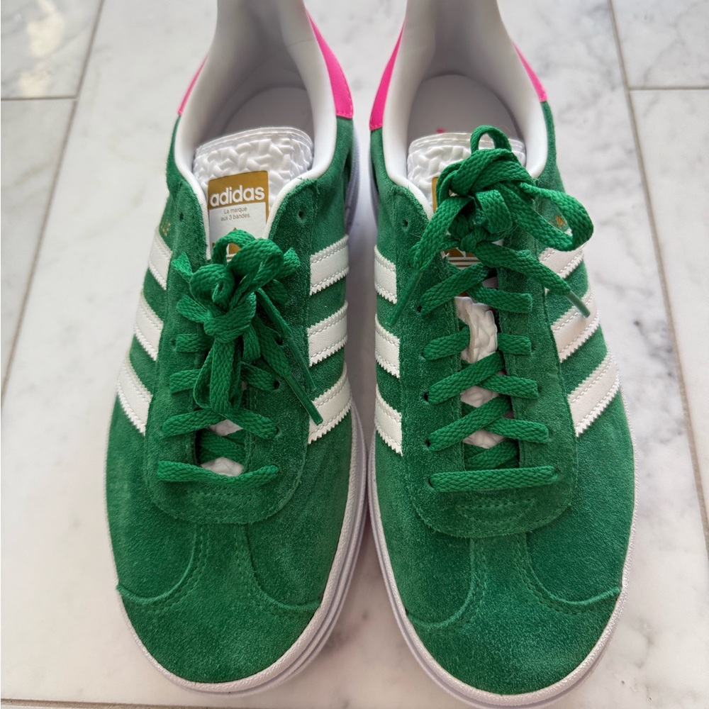 Adidas Suede Green and White Platform Trainers